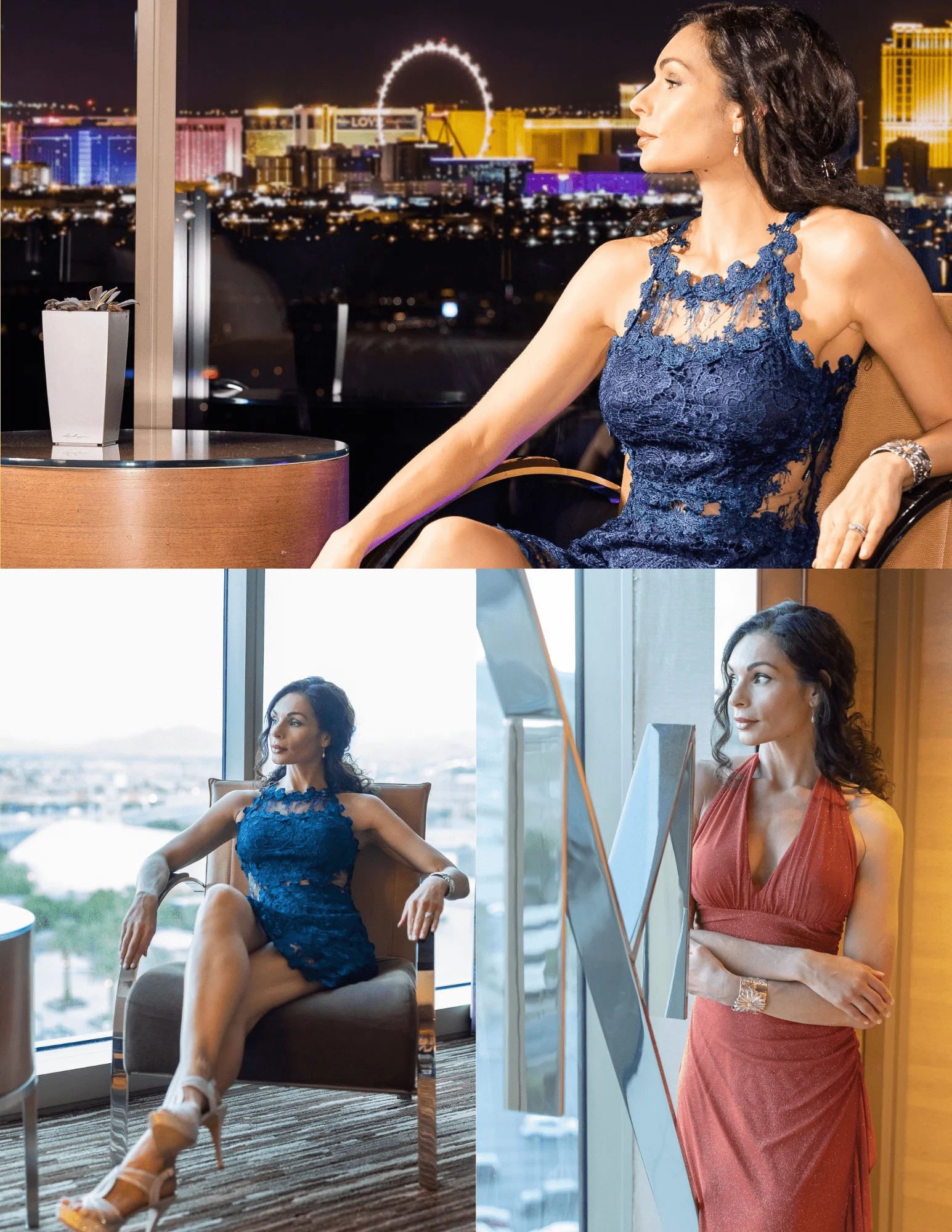 Modeling collage: Makayla Léone in a blue lace dress and a coral dress above the Las Vegas skyline