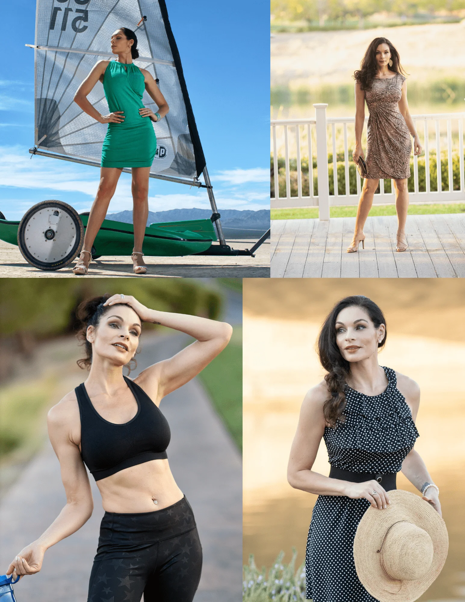 Modeling collage: fashion and fitness photographs, including a green dress beside a sail