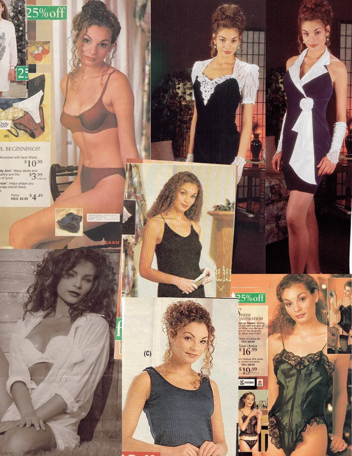 Modeling collage: lingerie and fashion catalog pages