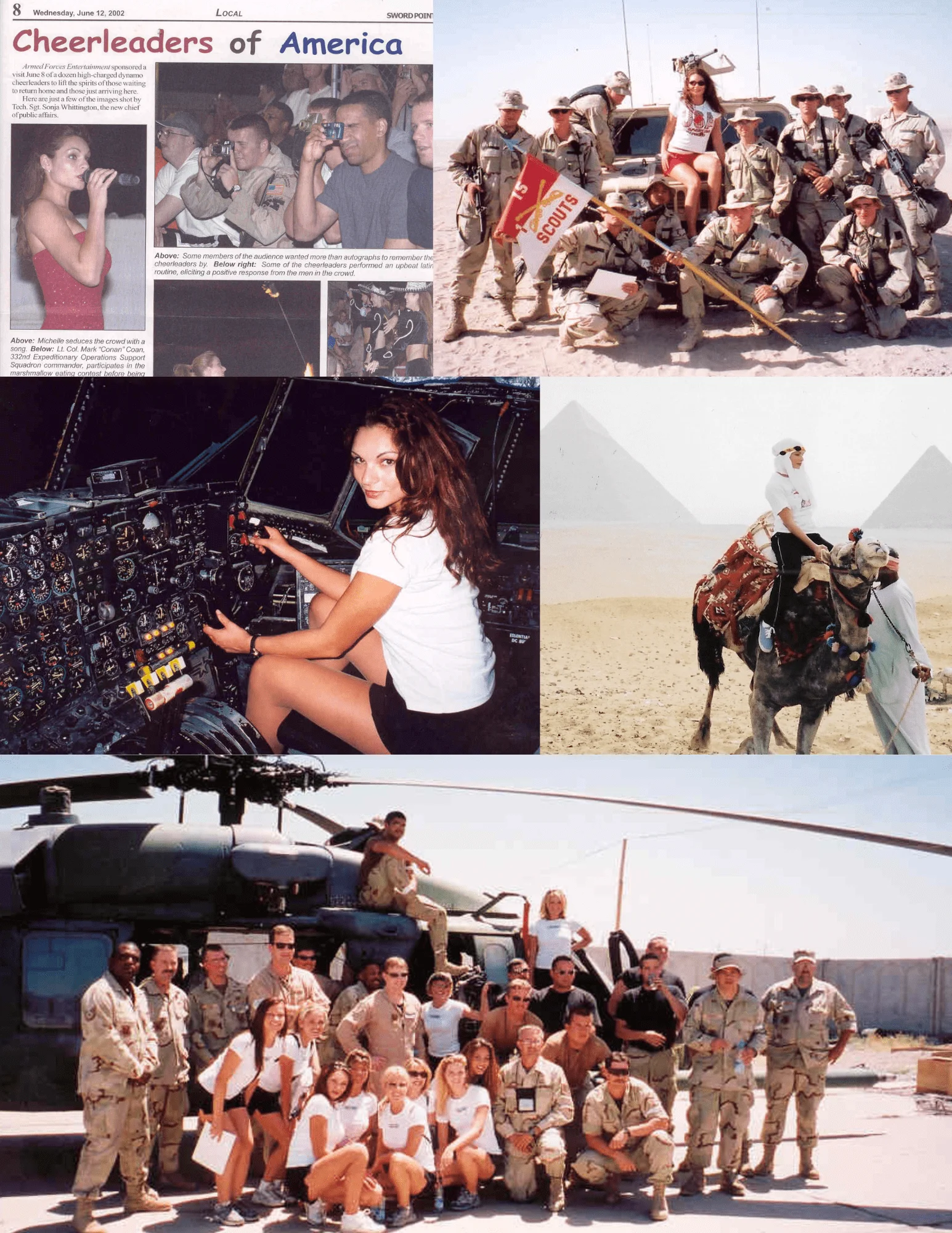 Collage of Armed Forces Entertainment tour photos, including a newspaper clipping, an aircraft cockpit and a group in front of a helicopter