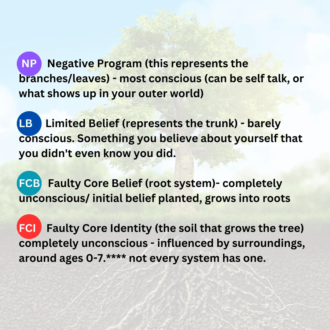 Key to the faulty belief system: negative program, limited belief, faulty core belief and faulty core identity